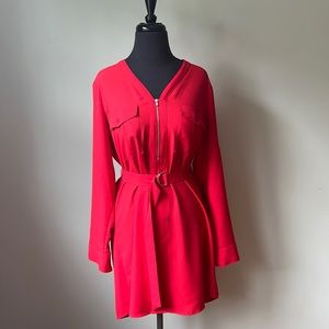 Express Long Sleeve Belted Shirt Dress in Red Size Medium